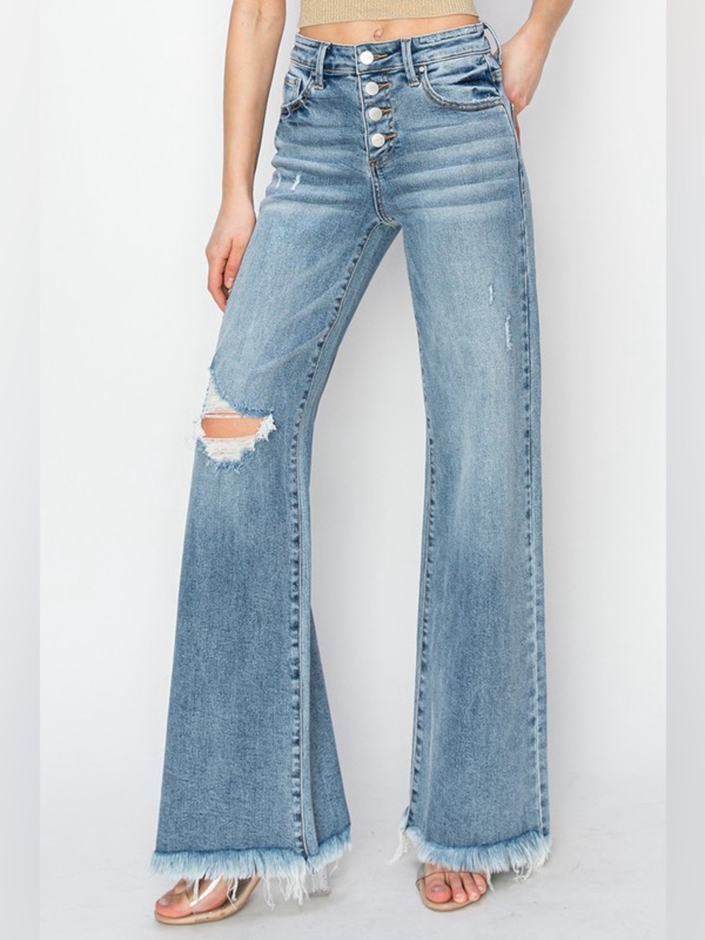 ❤️ 888. Risen High-Rise Wide Leg Distressed Jeans - medium Blue NWT - Picture 1 of 2